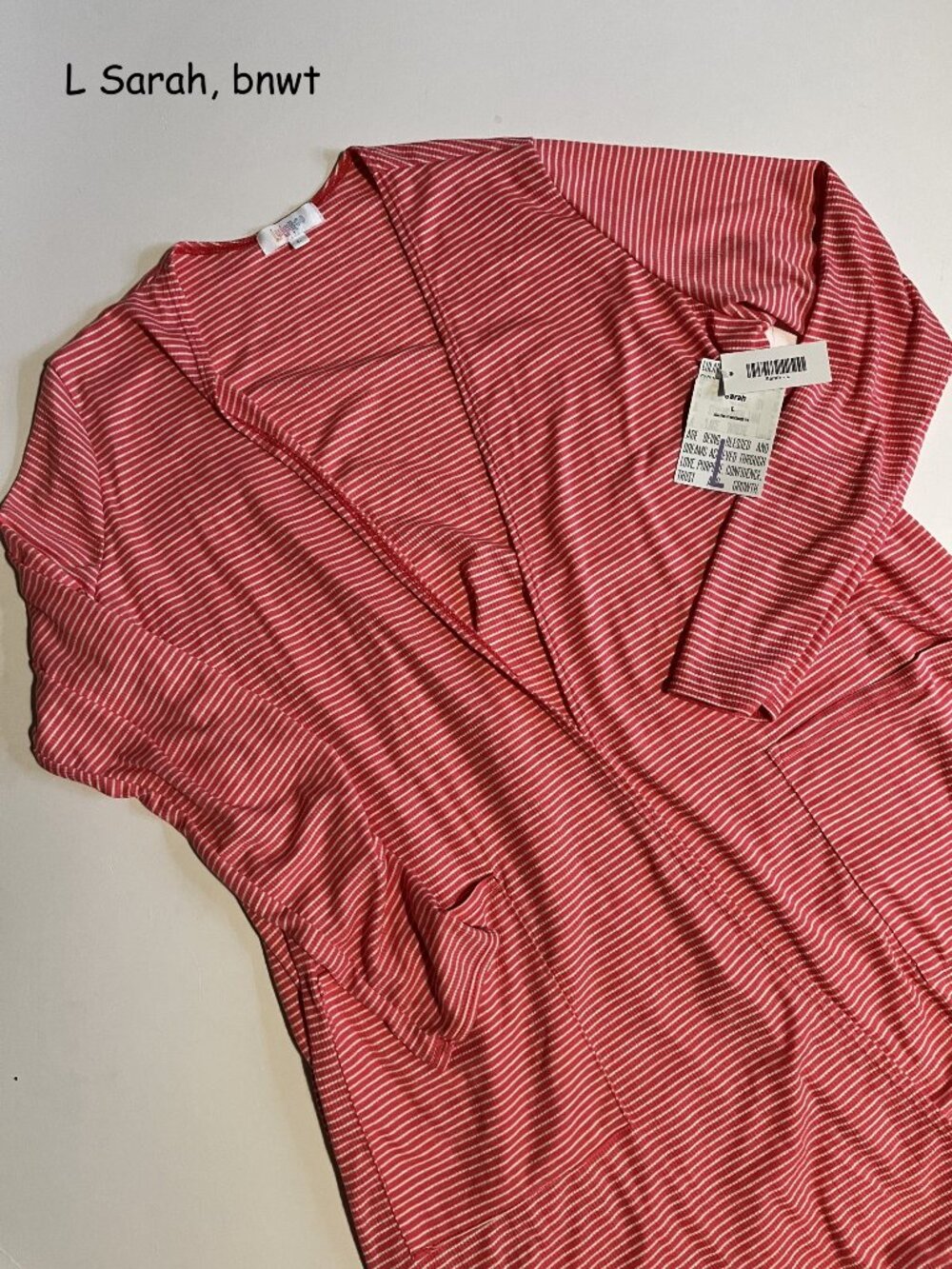 Large Lularoe Sarah long cardigan sweater, coral with white stripes, ribbed